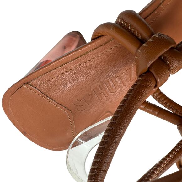 Schutz Siena Ankle Tie High Heel Sandals Caramel‎ Brown Clear Size 9.5 - Picture 14 of 16
